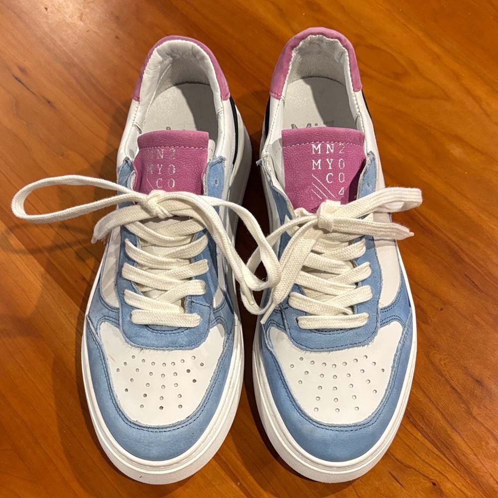 Miz Mooz Leather White, Light Blue & Pink Women's Fashion Sneakers